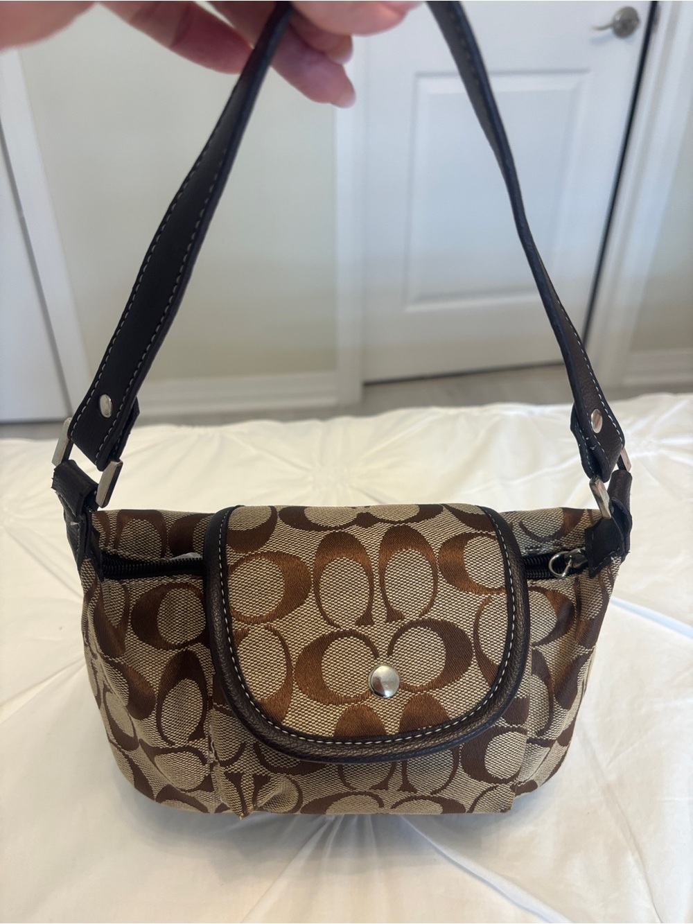 Coach Brown Logo Mini Shoulder Bag with Dark Brown Trim